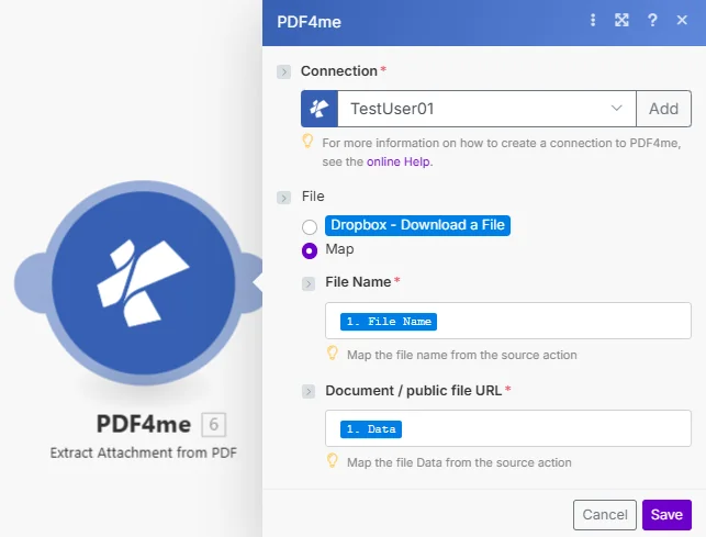 PDF4me'nin PDF'den Ek Dosya Çıkarma modülünü oluşturun; bu modülde, önceki bir modülden eşleştirilen Dosya Adı ve Belge alanları gösterilecektir.